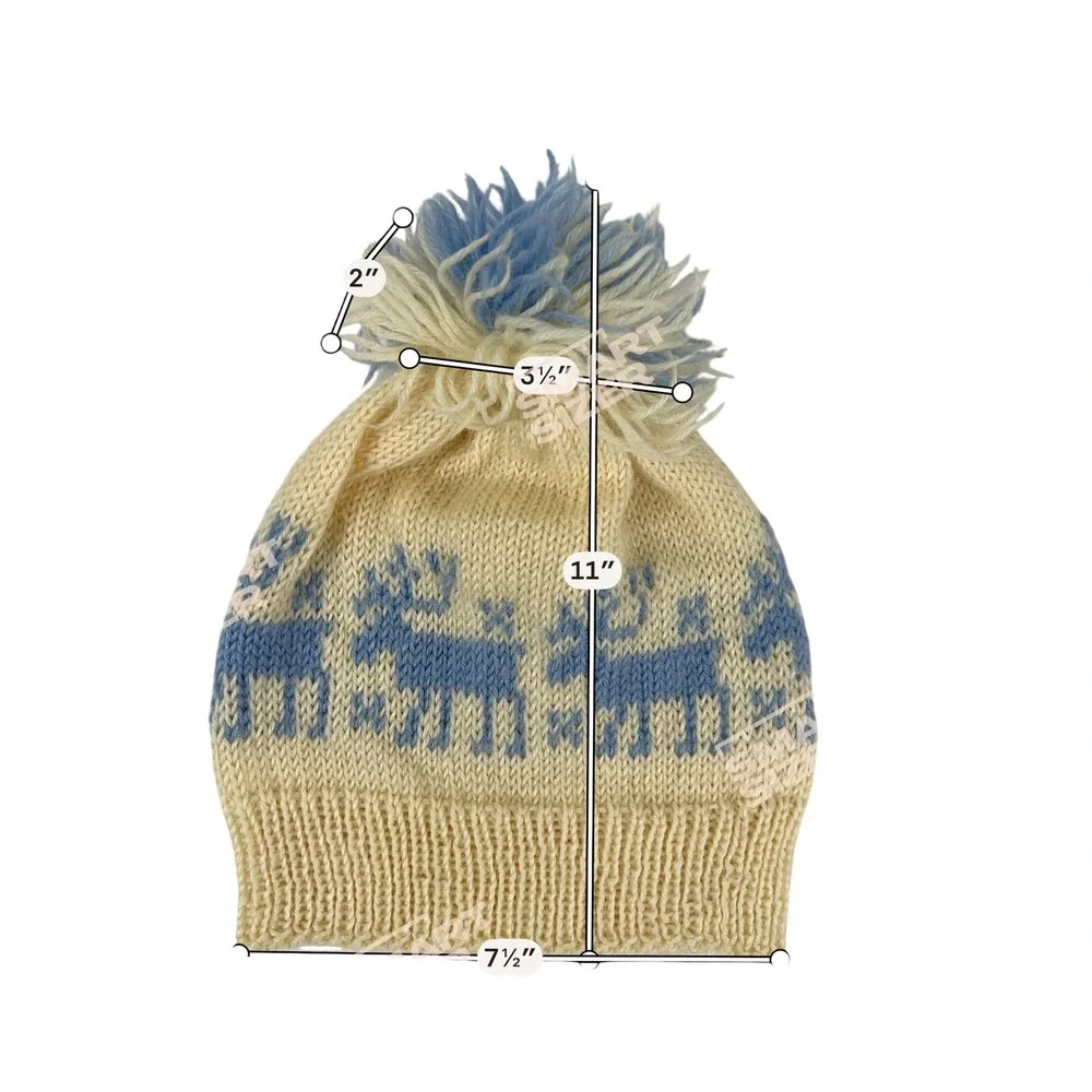 Kids Reindeer Fair Isle Knit Beanie‎ Cream Blue Pom Pom Winter Hat Handcrafted